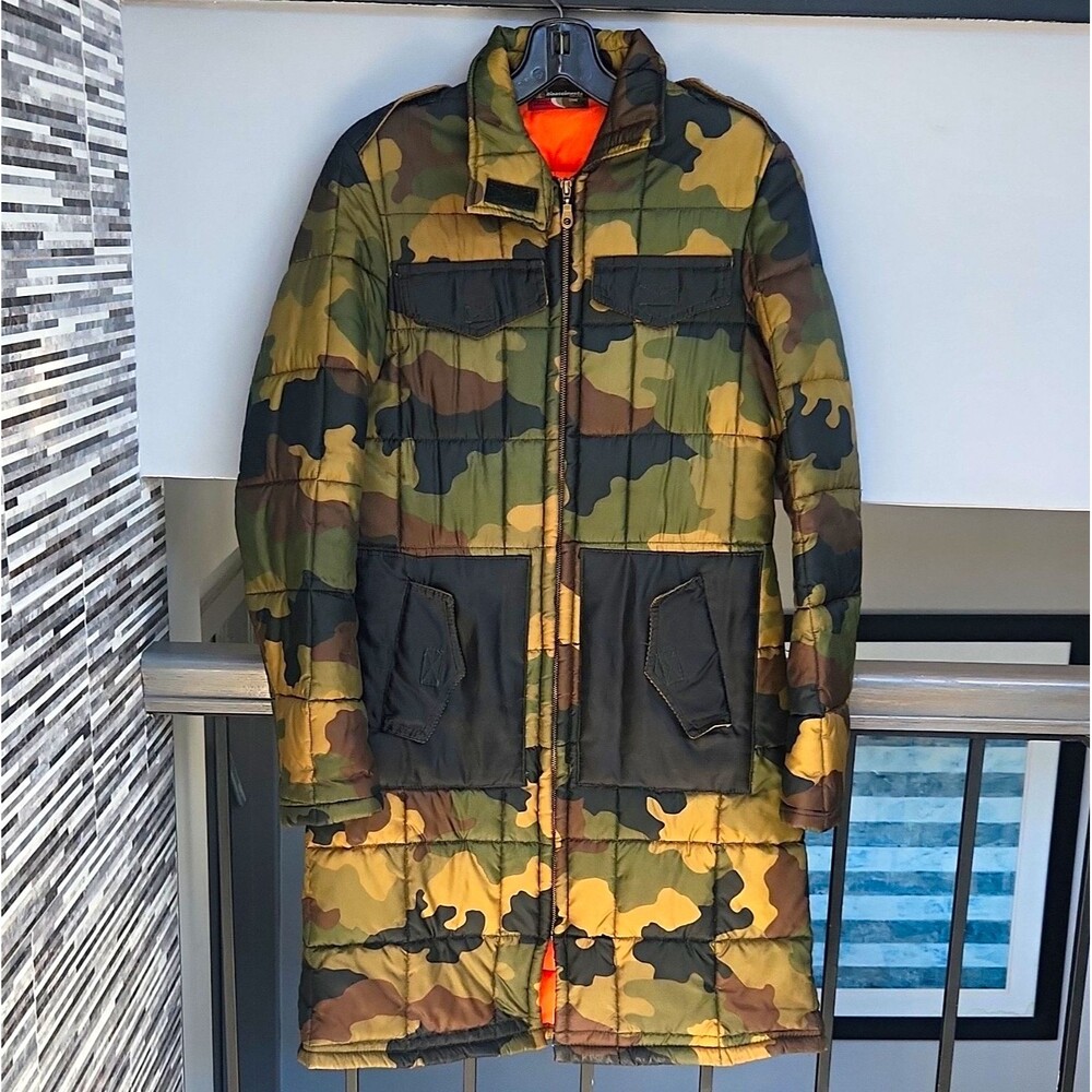 Rinascimento Camo Quilted Long Puffer Jacket Zip Nylon Lined XS 35 in Chest